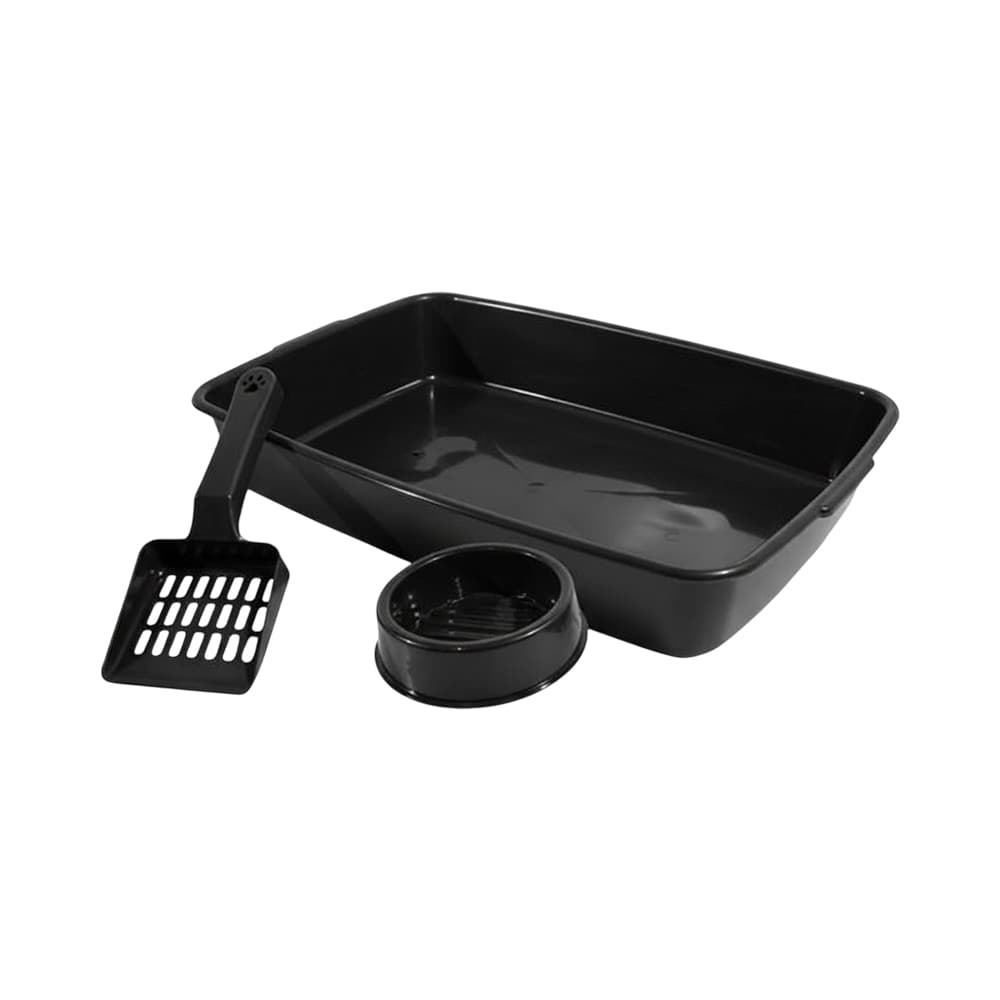 Kit para Gatos Bandeja de Areia + Pá + Comedouro Pet & Garden 3 Peças Preto