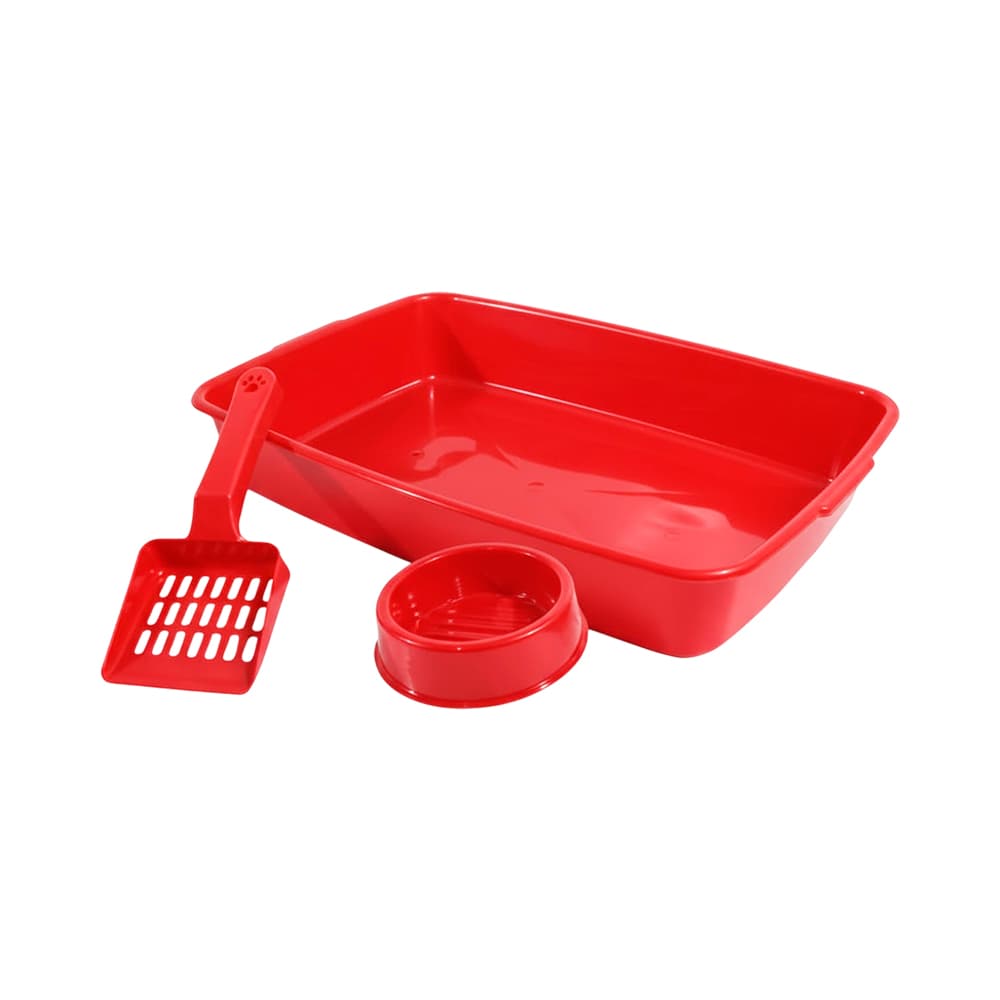 Kit para Gatos Bandeja de Areia + Pá + Comedouro Pet & Garden 00145 Vermelho 3 Peças