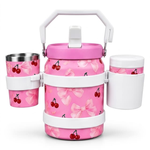 Kit Termo Tereré Maxon Mx 331 1900ml com Guampa e Yerbera Rosa/Branco