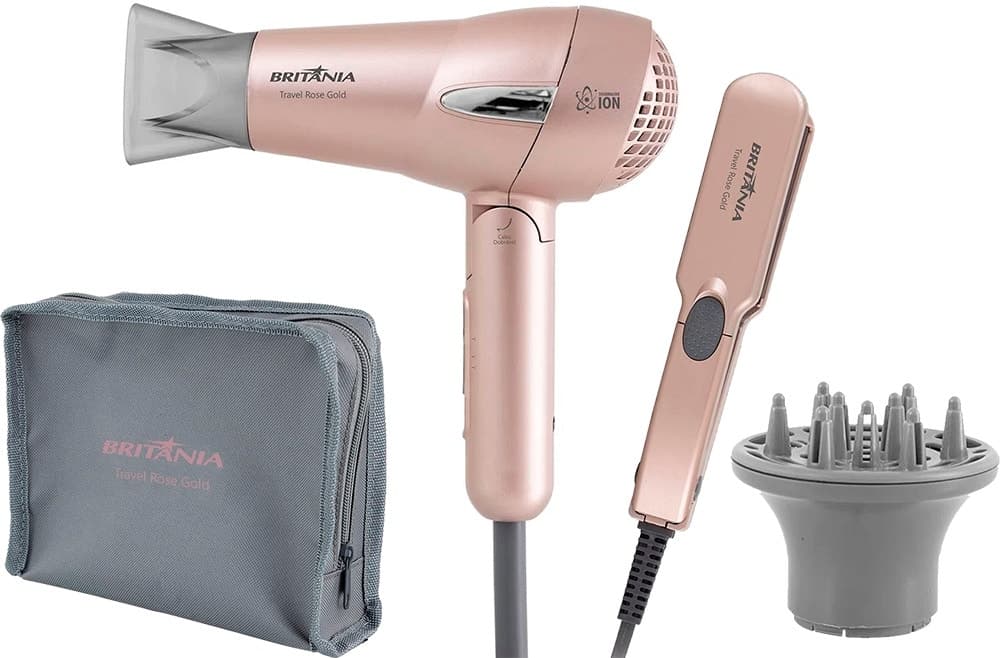 Kit Secador e Chapinha Travel Rose Gold Britânia (Bivolt)
