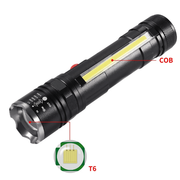 Lanterna Tática LED Cob Zoom Telescópico T6-26 100000W Recarregável USB com Bateria Incluída Preto