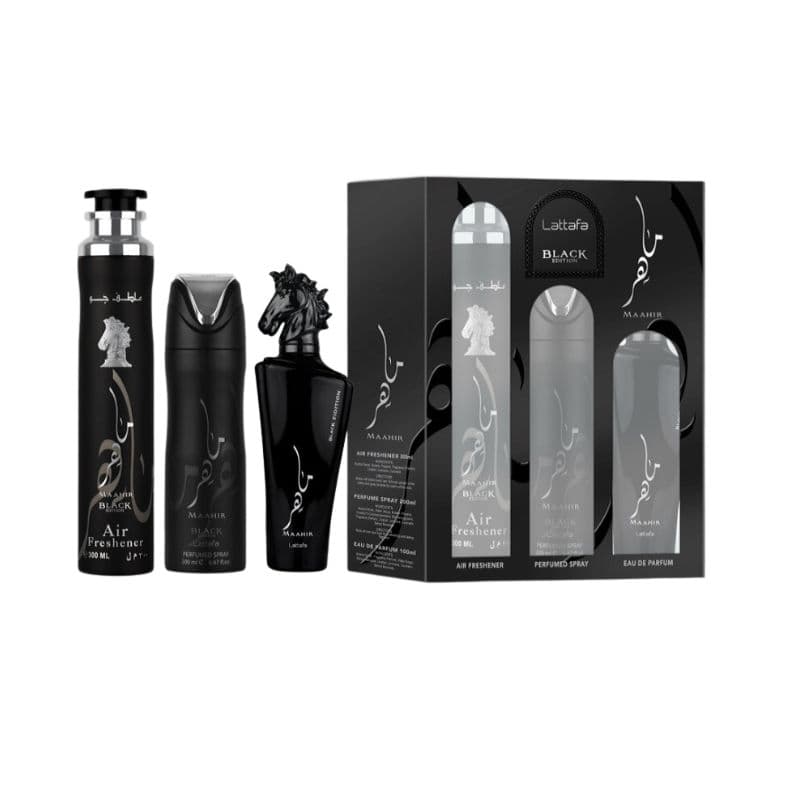 Perfume Lattafa Maahir Black Kit 100ml + Deo + Air Fresh