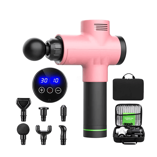 Massageador Elétrico Corporal Muscular Portátil Gun 1028 com 6 Acessórios / 3 Velocidades / 100-240V ~ 50/60Hz - Rosa Claro / Preto