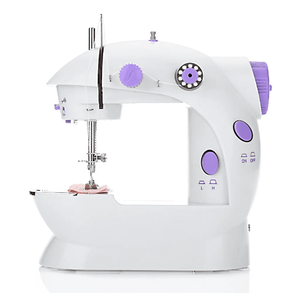 Mini Máquina de Costura Sm-202A Portátil com Pedal de Controle A Pilha Branco/Roxo