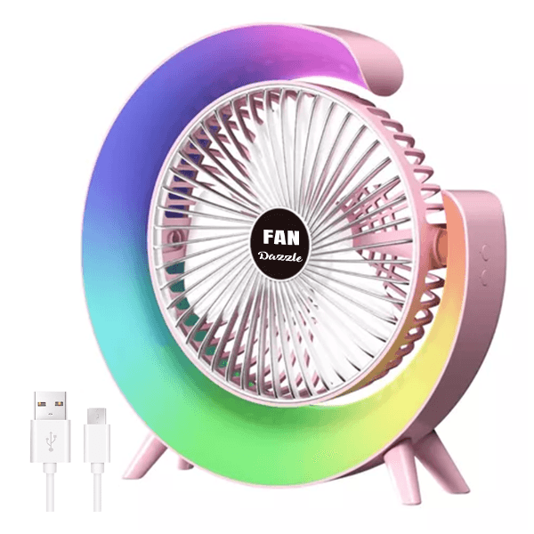 Mini Ventilador de Mesa Recarregável com LED Colorido Desktop Rosa