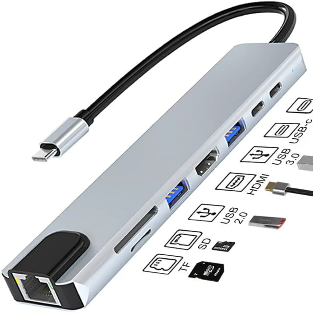 Hub USB-C 8 Em 1 Original USB/USB-C/HDMI/SD/TF/RJ45 100MBPS Cinza
