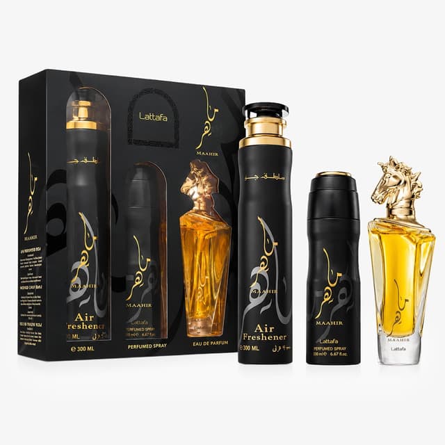 Kit Lattafa Maahir Collection Eau de Parfum + Desodorante + Air Freshener