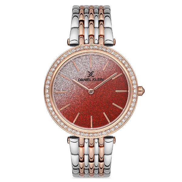 Relógio Analógico Feminino Daniel Klein Dk.1.12687-6 Premium Ladies Pulseira de Aço Inoxidável Prata/Rose Gold/Vermelho Glitter