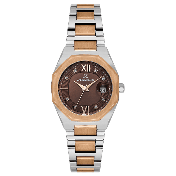 Relógio Analógico Feminino Daniel Klein Dk.1.14109-6 Premium Lady Pulseira de Aço Inoxidável Prata/Rose Gold/Marrom