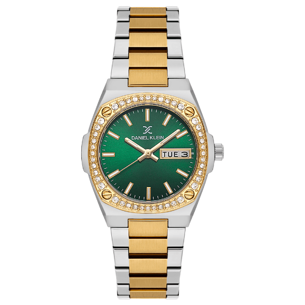 Relógio Analógico Feminino Daniel Klein Dk.1.14122-4 Premium Lady Pulseira de Aço Inoxidável Prata Dourado Verde