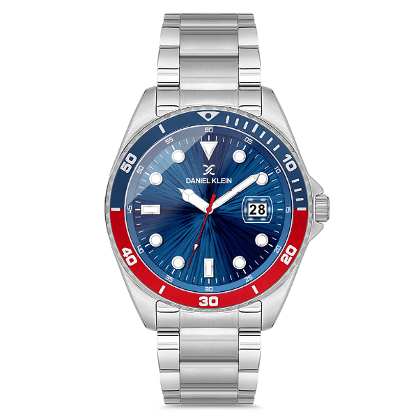Relógio Analógico Masculino Daniel Klein Dk.1.12664-3 Premium Gents Pulseira de Aço Inoxidável Prata Azul Vermelho