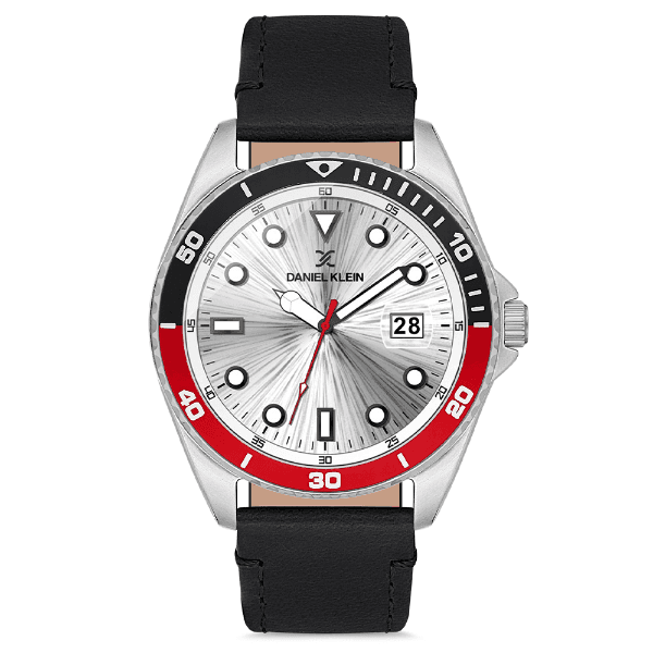 Relógio Analógico Masculino Daniel Klein Dk.1.12665-1 Premium Gents Pulseira de Couro Genuíno Preto/Vermelho/Prata