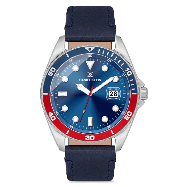 Relógio Analógico Masculino Daniel Klein Dk.1.12665-3 Premium Gents Pulseira de Couro Genuino Azul/Vermelho