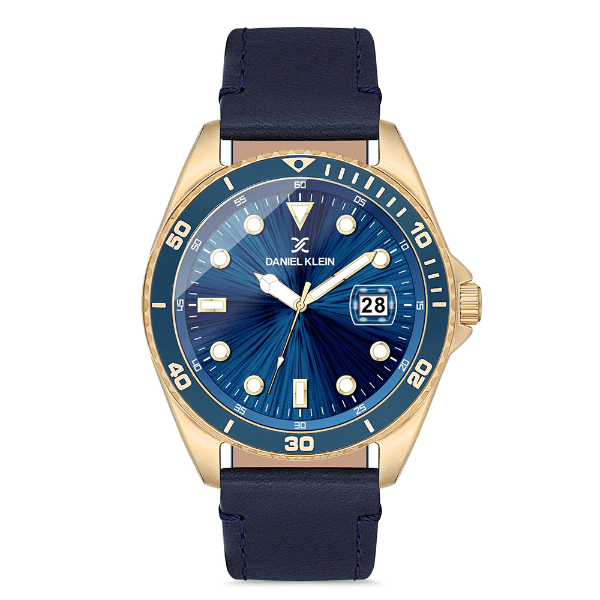 Relógio Analógico Masculino Daniel Klein Dk.1.12665-6 Premium Gents Pulseira de Couro Genuino Azul Dourado