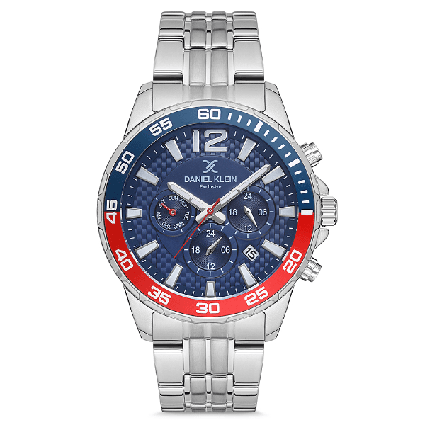 Relógio Analógico Masculino Daniel Klein Dk.1.12675-2 Exclusive Gents Pulseira de Aço Inoxidável Prata/Vermelho/Azul