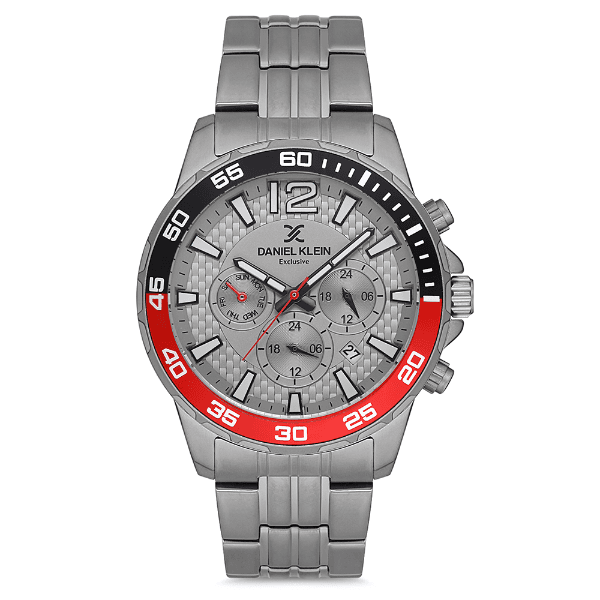 Relógio Analógico Masculino Daniel Klein Dk.1.12675-5 Exclusive Gents Pulseira de Aço Inoxidável Prata/Vermelho/Preto