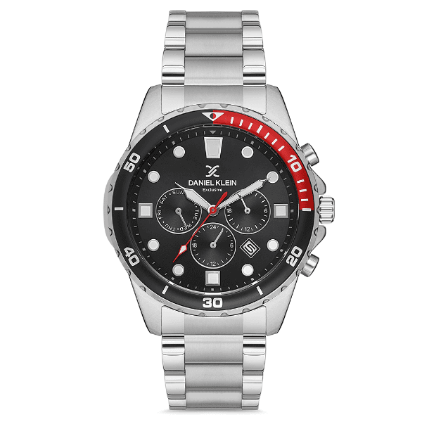 Relógio Analógico Masculino Daniel Klein Dk.1.12680-2 Exclusive Gents Pulseira de Aço Inoxidável Prata/Preto/Vermelho
