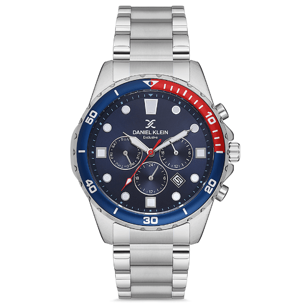 Relógio Analógico Masculino Daniel Klein Dk.1.12680-3 Exclusive Gents Pulseira de Aço Inoxidável Prata Azul Vermelho