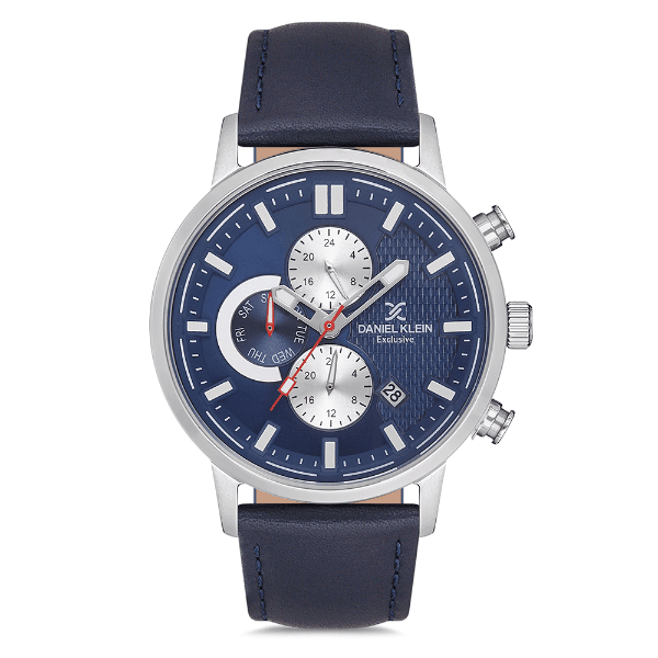 Relógio Analógico Masculino Daniel Klein Dk.1.12707-2 Exclusive Gents Pulseira de Couro Genuíno Azul Marinho/Prata