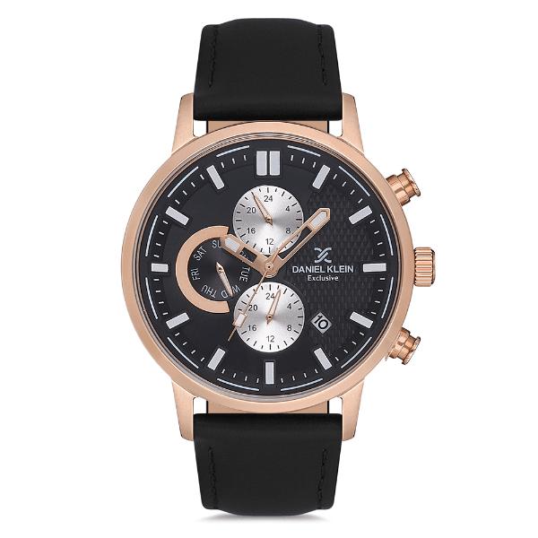Relógio Analógico Masculino Daniel Klein Dk.1.12707-3 Exclusive Gents Pulseira de Couro Genuíno Preto/Rose Gold