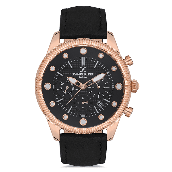Relógio Analógico Masculino Daniel Klein Dk.1.12723-6 Exclusive Gents Pulseira de Couro Genuíno - Preto/Ouro Rosé