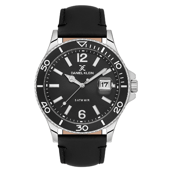 Relógio Analógico Masculino Daniel Klein Dk.1.13905-1 Premium Gents Pulseira de Couro Genuíno Preto/Prata