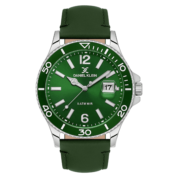Relógio Analógico Masculino Daniel Klein Dk.1.13905-3 Premium Gents Pulseira de Couro Genuíno Verde Prata
