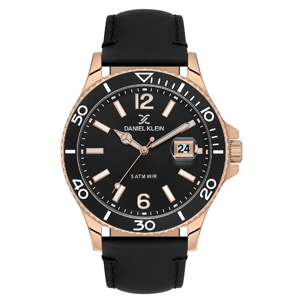 Relógio Analógico Masculino Daniel Klein Dk.1.13905-4 Premium Gents Pulseira de Couro Genuíno Preto/Rose Gold