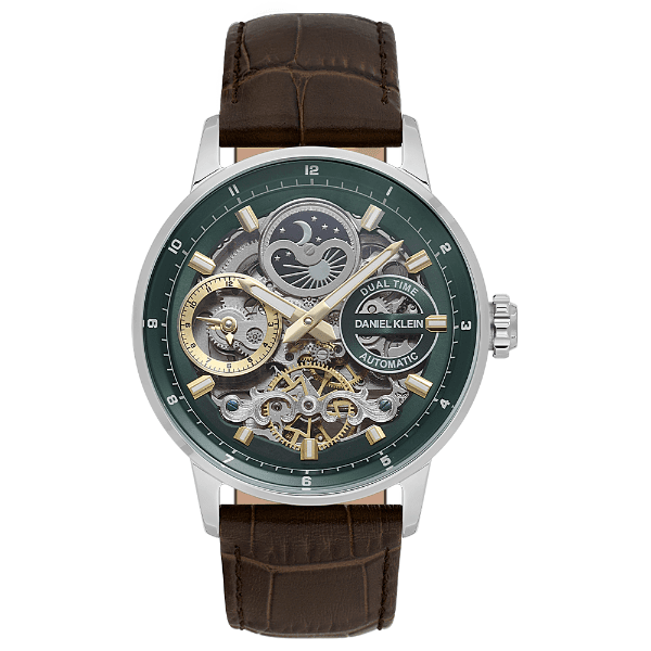 Relógio Analógico Masculino Daniel Klein Dk.1.14013-3 Skeleton Pulseira de Couro Marrom/Verde/Prata