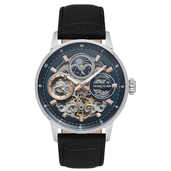Relógio Analógico Masculino Daniel Klein Dk.1.14013-4 Skeleton Pulseira de Couro Preto/Prata/Azul