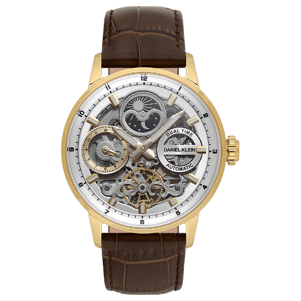 Relógio Analógico Masculino Daniel Klein Dk.1.14013-5 Skeleton Pulseira de Couro Marrom Dourado