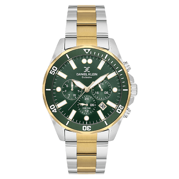 Relógio Analógico Masculino Daniel Klein Dk.1.14067-5 Exclusive Gents Pulseira de Aço Inoxidável Prata/Dourado/Verde
