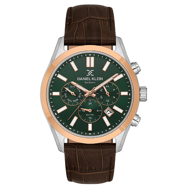 Relógio Analógico Masculino Daniel Klein Dk.1.14212-5 Exclusive Gent Pulseira de Couro Marrom Prata Rose Gold Verde