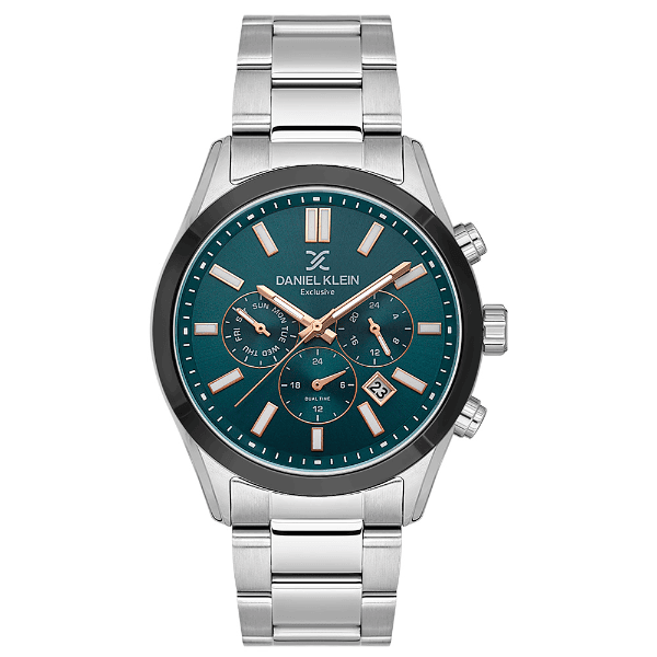 Relógio Analógico Masculino Daniel Klein Dk.1.14213-4 Exclusive Gents Pulseira de Aço Inoxidável Prata Verde Preto