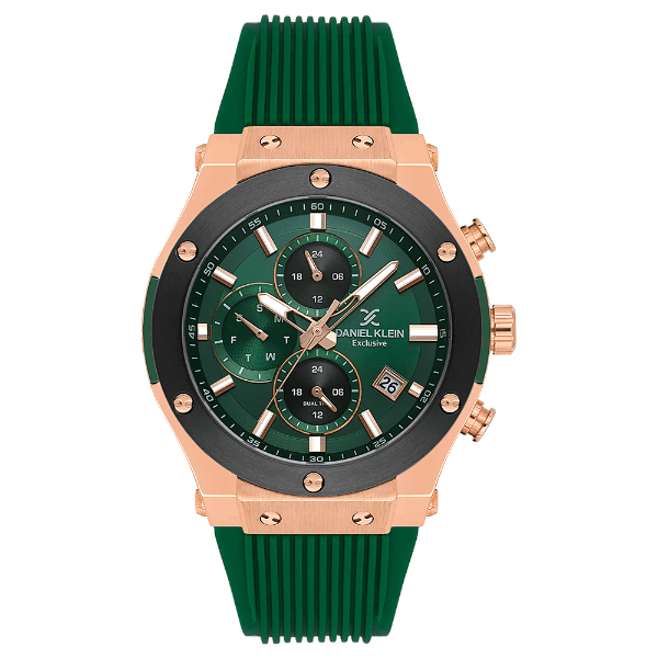 Relógio Analógico Masculino Daniel Klein Dk.1.14228-5 Exclusive Gent Pulseira de Silicone Verde Rose Gold Preto