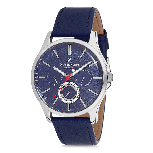 Relógio Analógico Daniel Klein Dk12118-3 Exclusive Gents Pulseira de Couro Genuíno Azul Prata