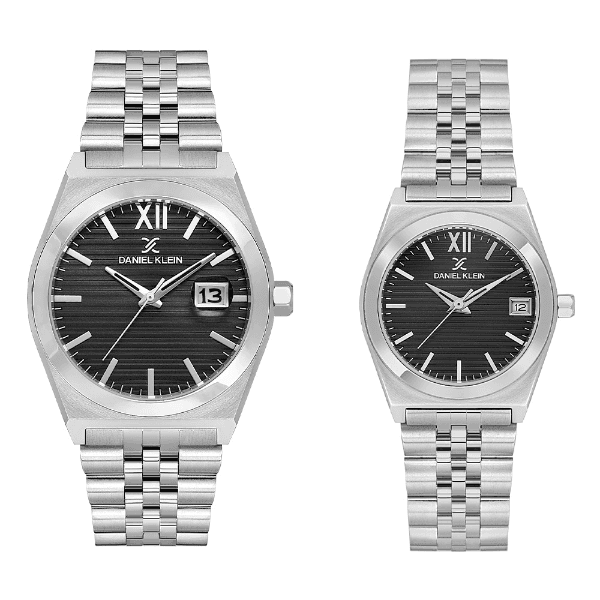 Relógio Analógico Daniel Klein Dk.1.14283-2 Pair Gent & Lady Pulseira de Aço Inoxidável Prata/Preto