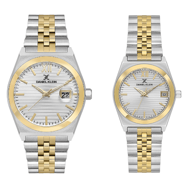 Relógio Analógico Daniel Klein Dk.1.14283-3 Pair Gent & Lady Pulseira de Aço Inoxidável Prata/Dourado