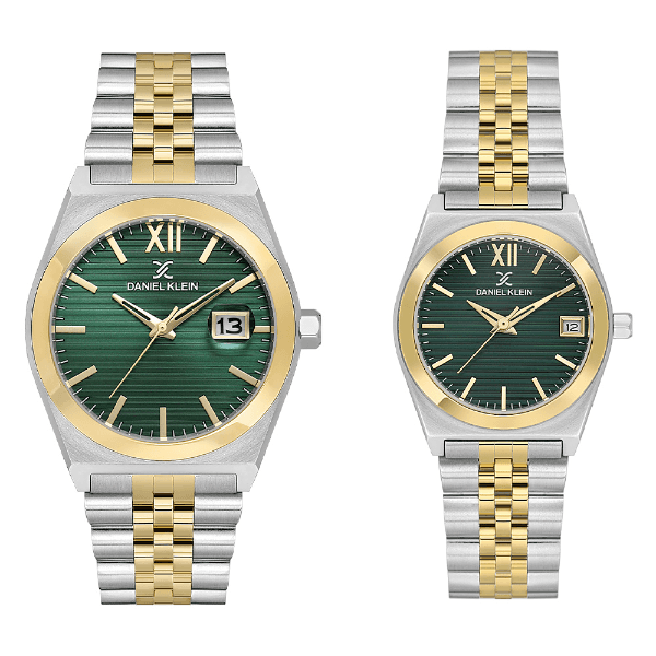 Relógio Analógico Daniel Klein Dk.1.14283-4 Par Gent & Lady Pulseira Aço Inoxidável Prata/Dourado/Verde
