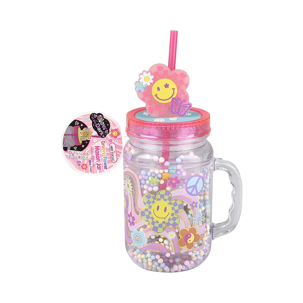 Copo com Canudo Hot Focus Glow In the Dark Groovy Flower Mason Jar 570ml