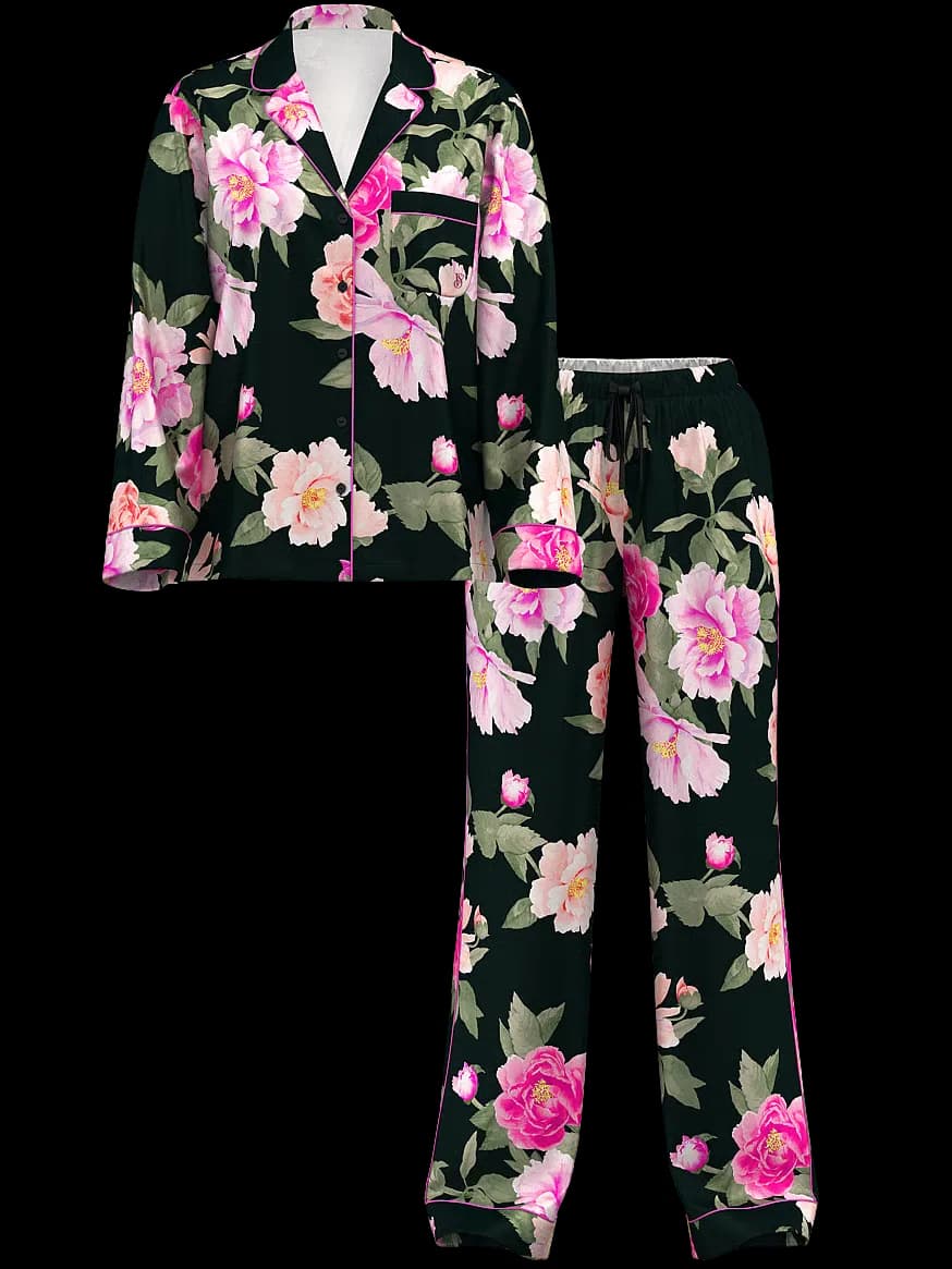 Victoria's Secret Pijama Pantalón Floral Seda Tamanho M Negro